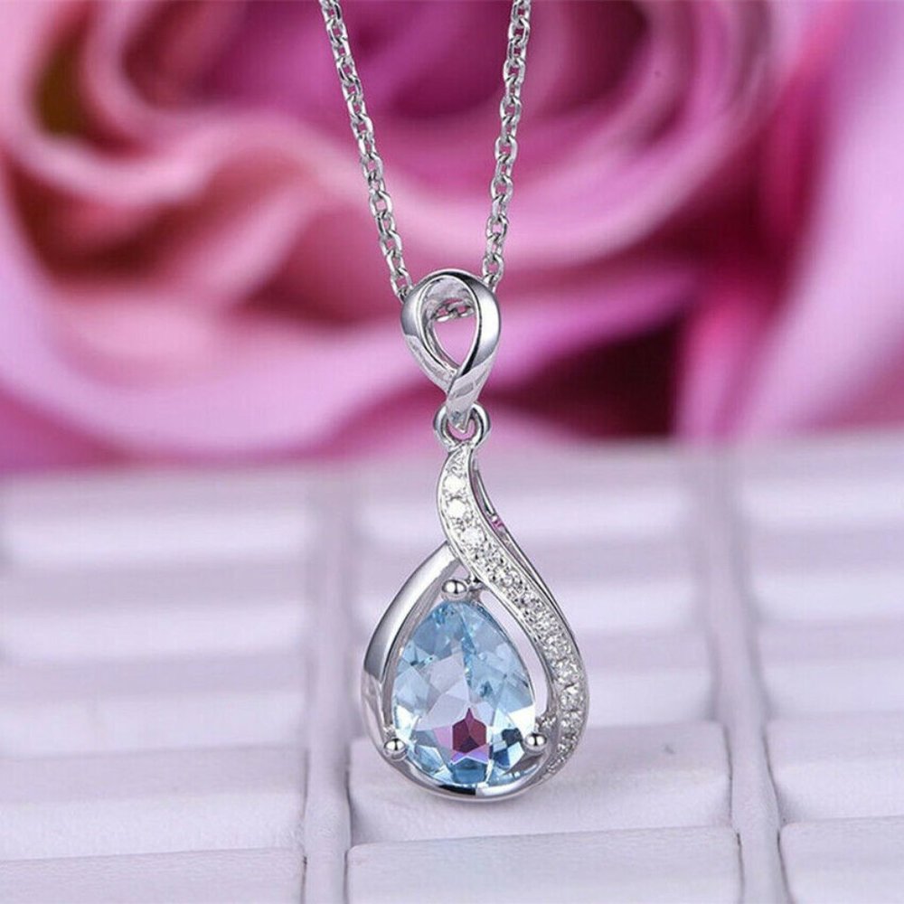 925 Sterling Silver Aquamarine Diamond Necklace - Picture 1 of 6